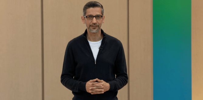 Google CEO Sundar Pichai presenting on stage at Google IO 2026